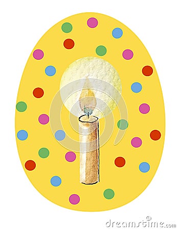 Yellow easter egg on a white background in multicolored circles with watercolor pattern in the middle - candle Stock Photo